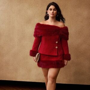 Shein MOTF Soiréza TWEED FUR HEM skirt size L NWT